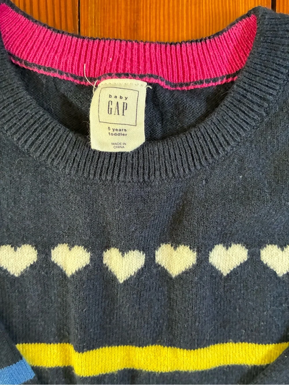 GAP Navy Blue Knit Sweater with Multicolor Stripes & Heart Detail